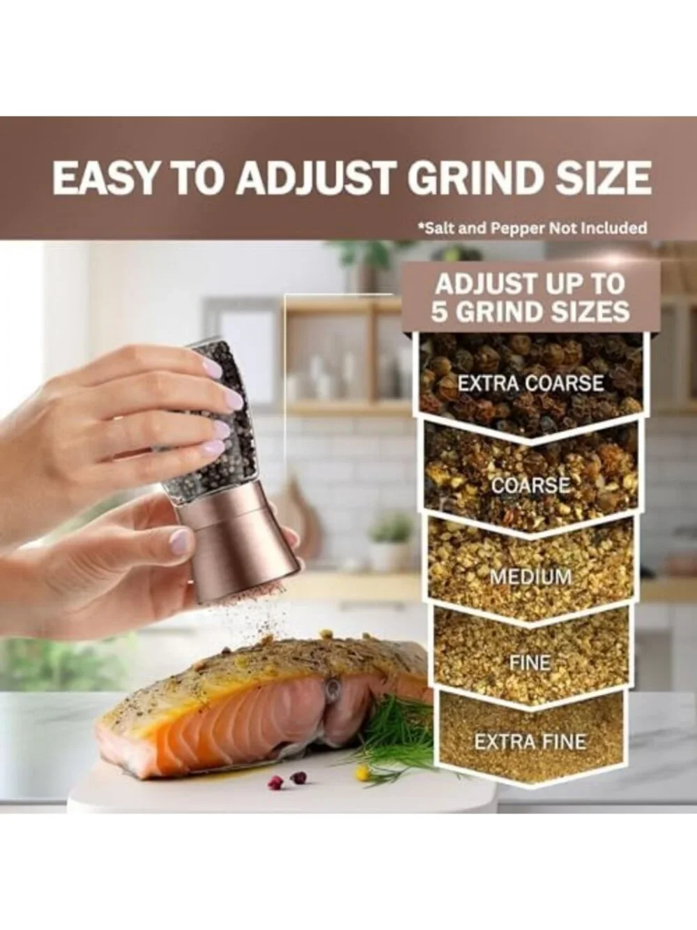 Adjustable Copper Salt and Pepper Grinder Set - Ceramic Mill with Funnel & Ebook